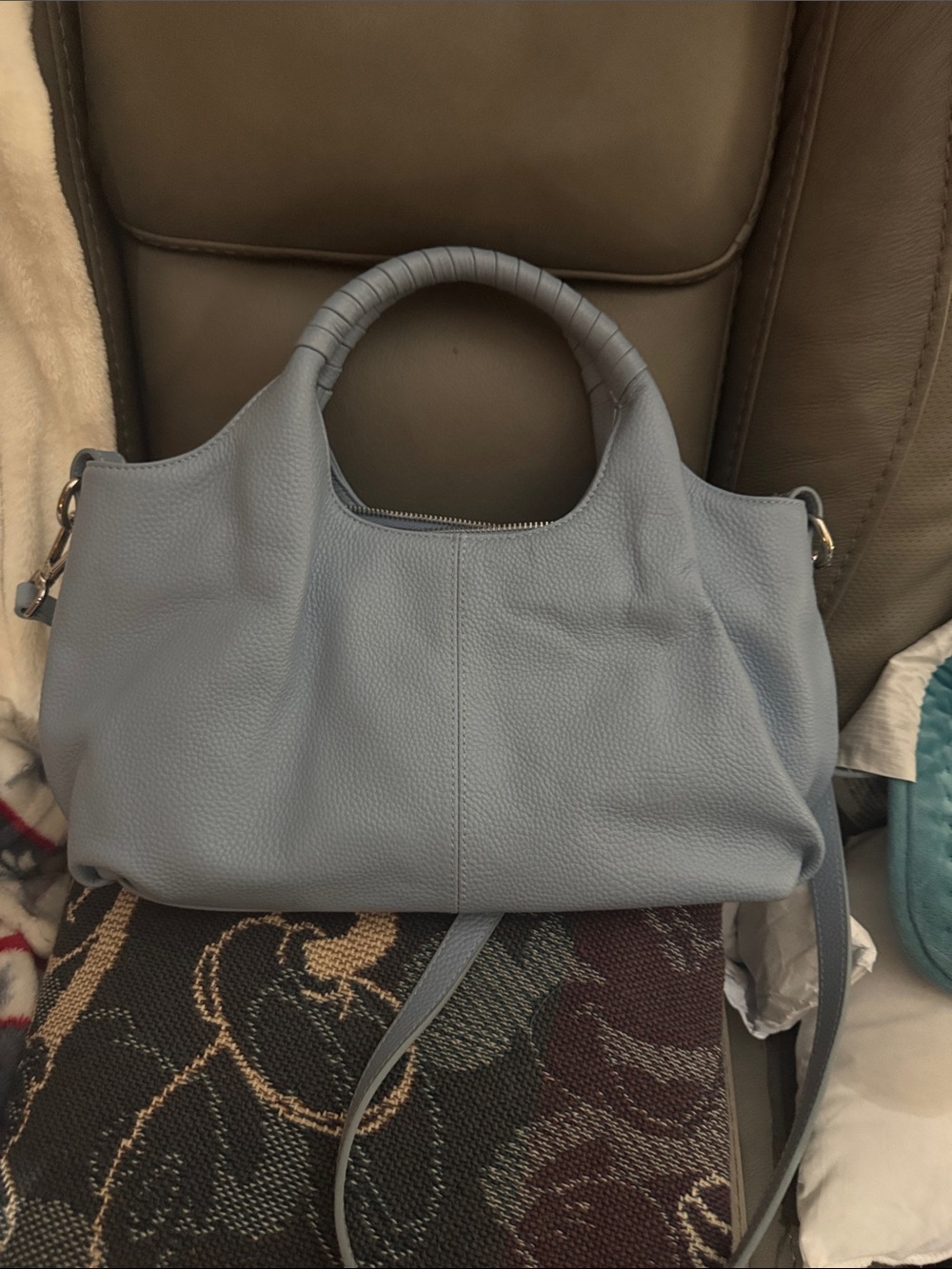 Soft Blue Leather Shoulder Bag with Wrapped Handle